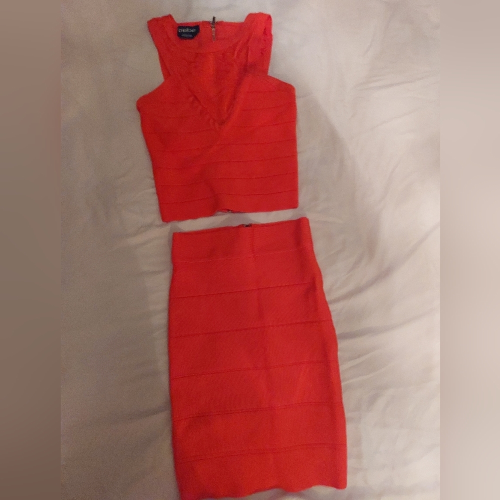 Worn Once Small Orange Bebe Bodycon Skirt Set
